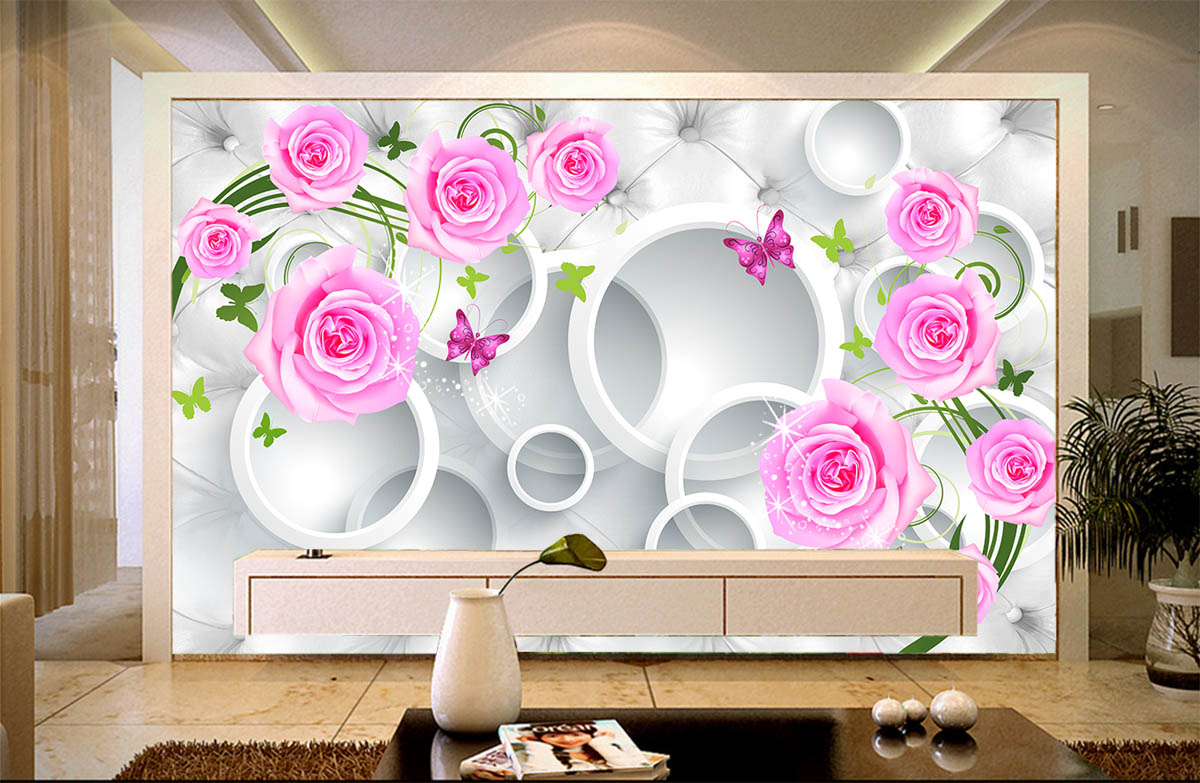 Tranh dán tường hoa hồng vòng trắng 3D